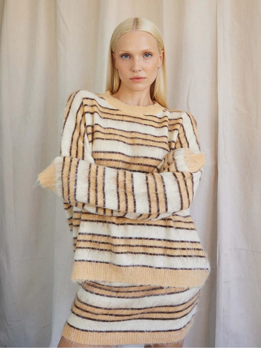 Boheme Cream and Beige Striped Knit Pullover